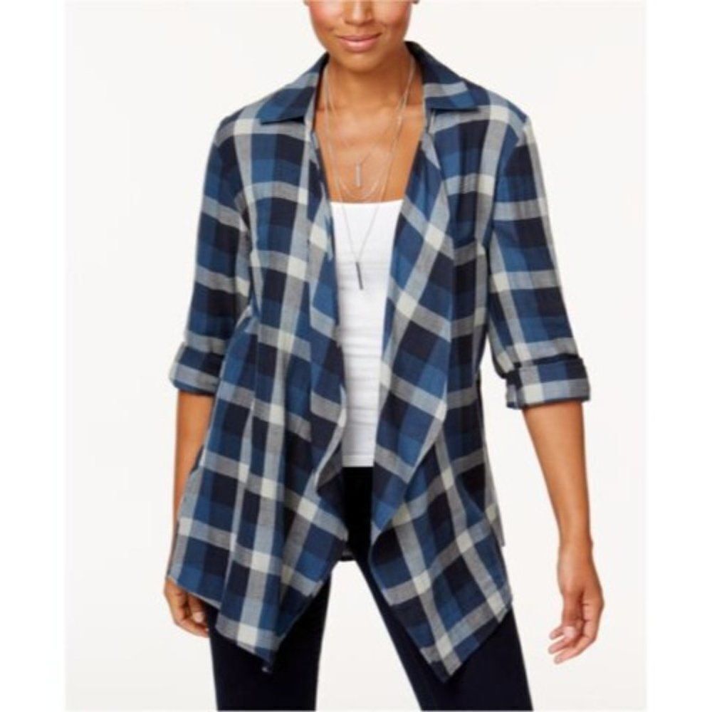 Style & Co Womens Blue Plaid Cotton Long Sleeve Button Up Blouse Top Size PS